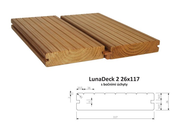 Prkno terasové a bazénové, boční úchyty LunaDeck2 26 x 117 x 3000 - 4800 mm - THERMOWOOD