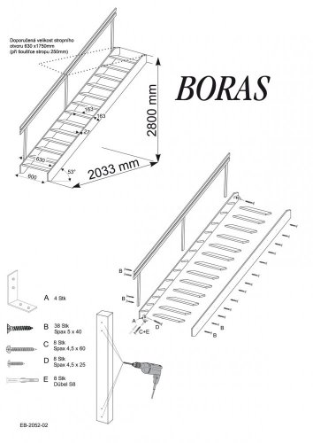Mlynářské schodiště Minka BORAS 280 x 63 s madlem