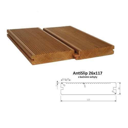 Prkno terasové a bazénové, boční úchyty AntiSlip 26 x 117 mm - THERMOWOOD - Délka: 4200 mm